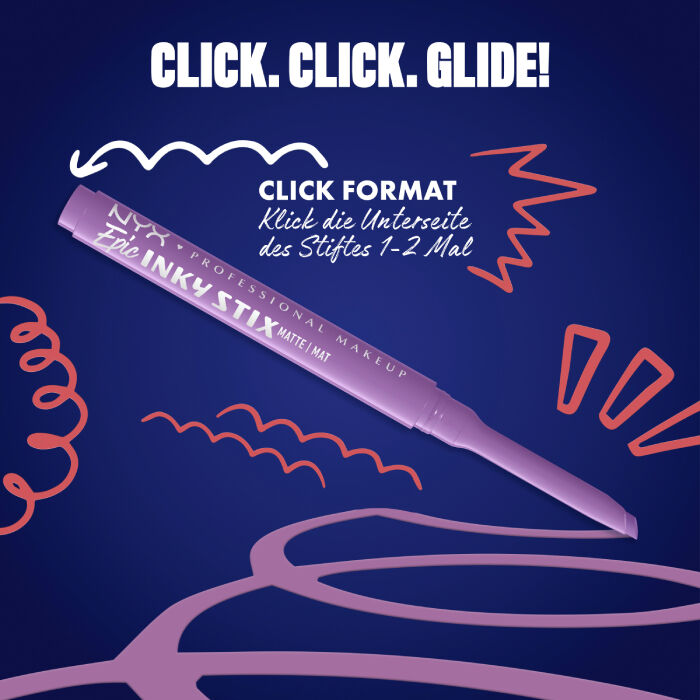 Das Bild zeigt einen Eyeliner-Stift von NYX Professional Makeup, diagonal auf einem dunkelblauen Hintergrund platziert. Oben steht in großen weißen Buchstaben "CLICK. CLICK. GLIDE!".