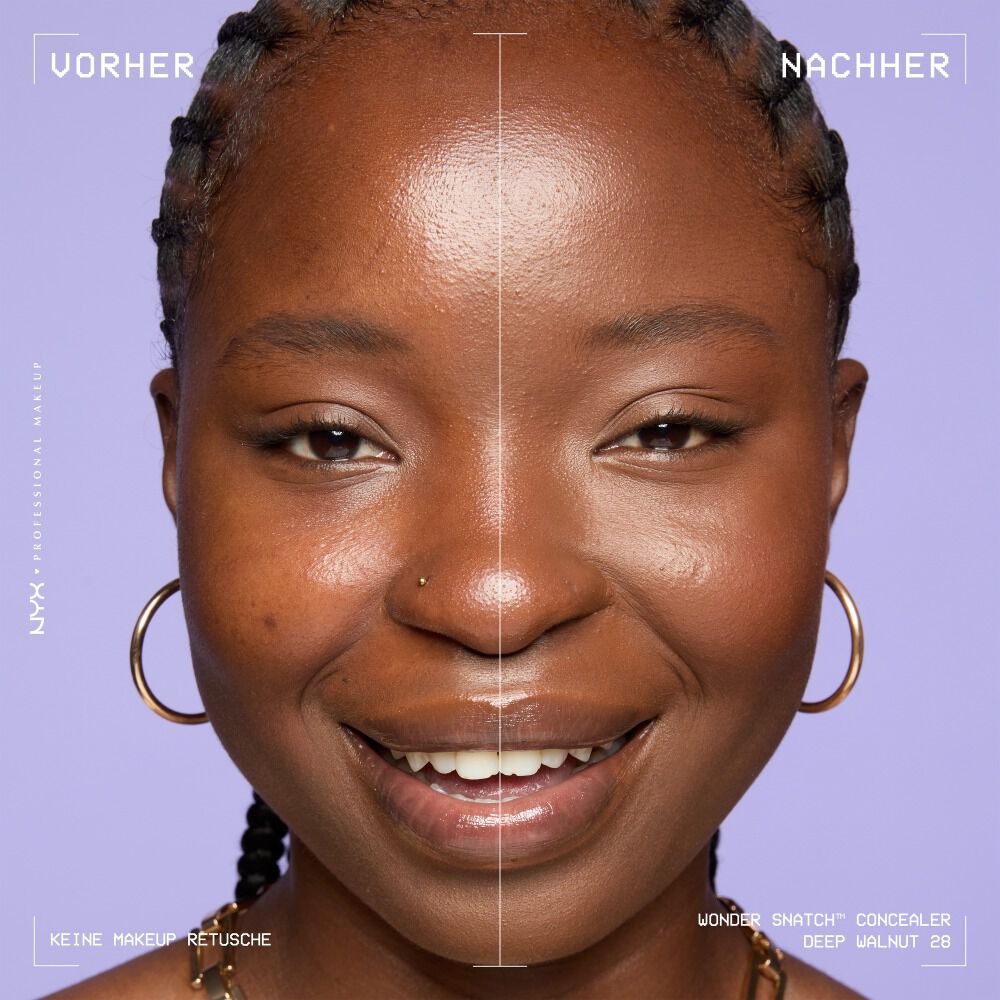 Ein unretuschierter Vorher-Nachher-Vergleich im Split-Screen demonstriert die hohe Deckkraft des NYX Wonder Snatch™ Concealers.