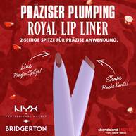 Ein Bild, das den zweiseitigen NYX Professional Makeup Bridgerton Praziser Plumping Royal Lip Liner zeigt.