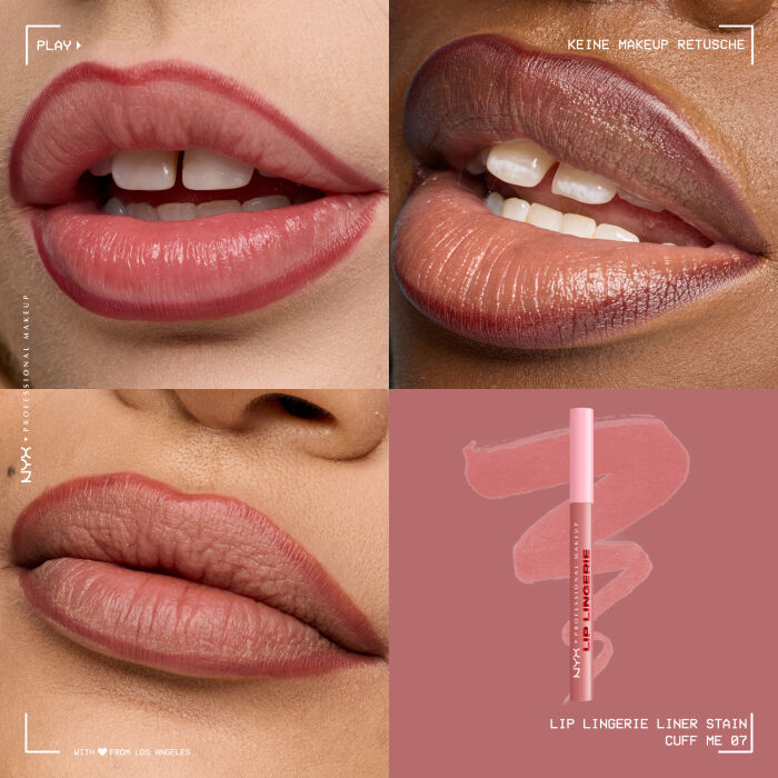 Das Bild ist eine vierteilige Collage, die Lippen-Make-up auf verschiedenen Hauttonen zeigt und ein Produkt prasentiert.