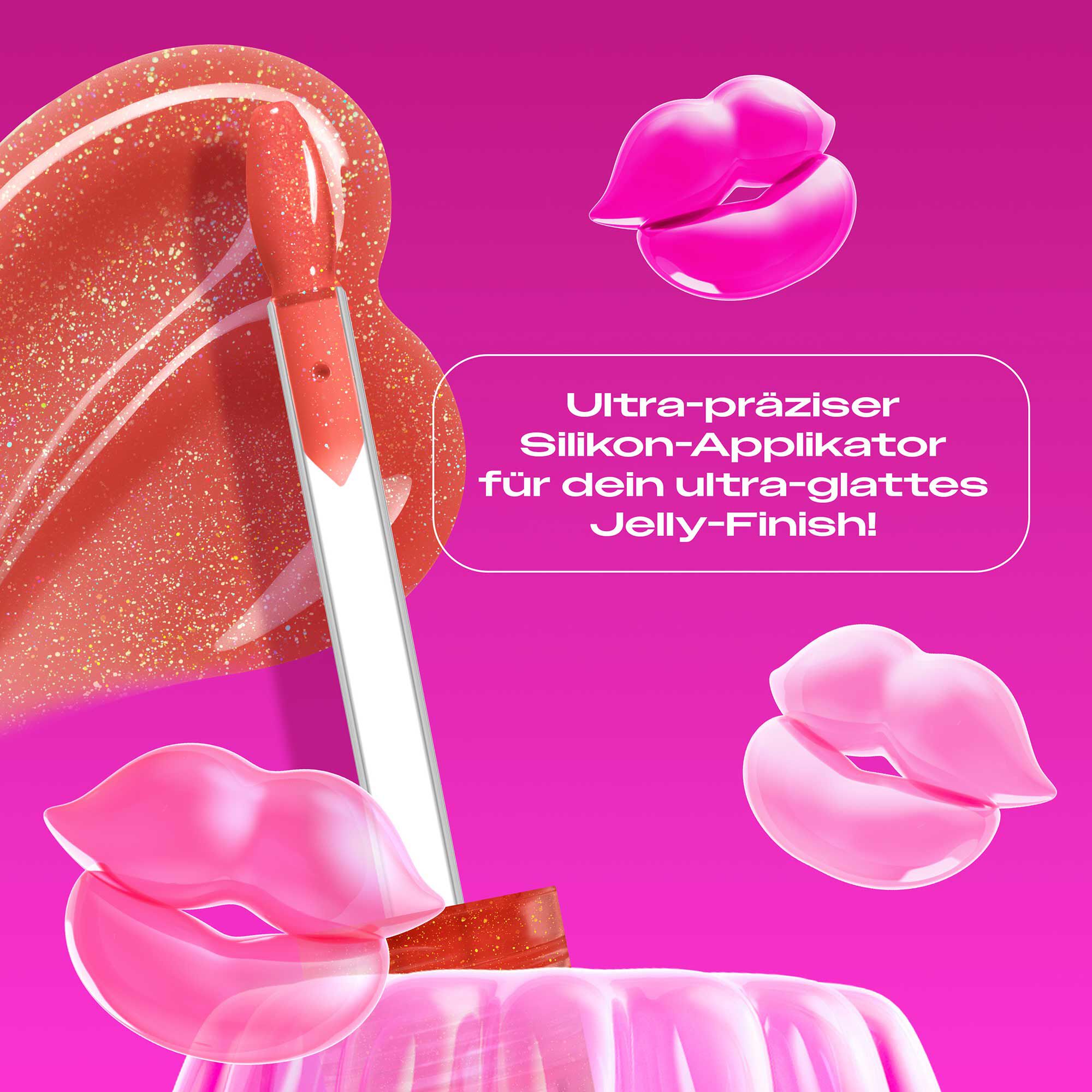 Das Bild zeigt eine Applikatorspitze aus Silikon, die in eine  viskose Textur taucht, die wie ein Swatch aufgetragen ist. Der Applikator ragt aus einer pinkfarbenen, gelatineartigen Masse oder Form heraus, die an Wackelpudding erinnert. Der gesamte Hintergrund ist ein leuchtendes Magenta.