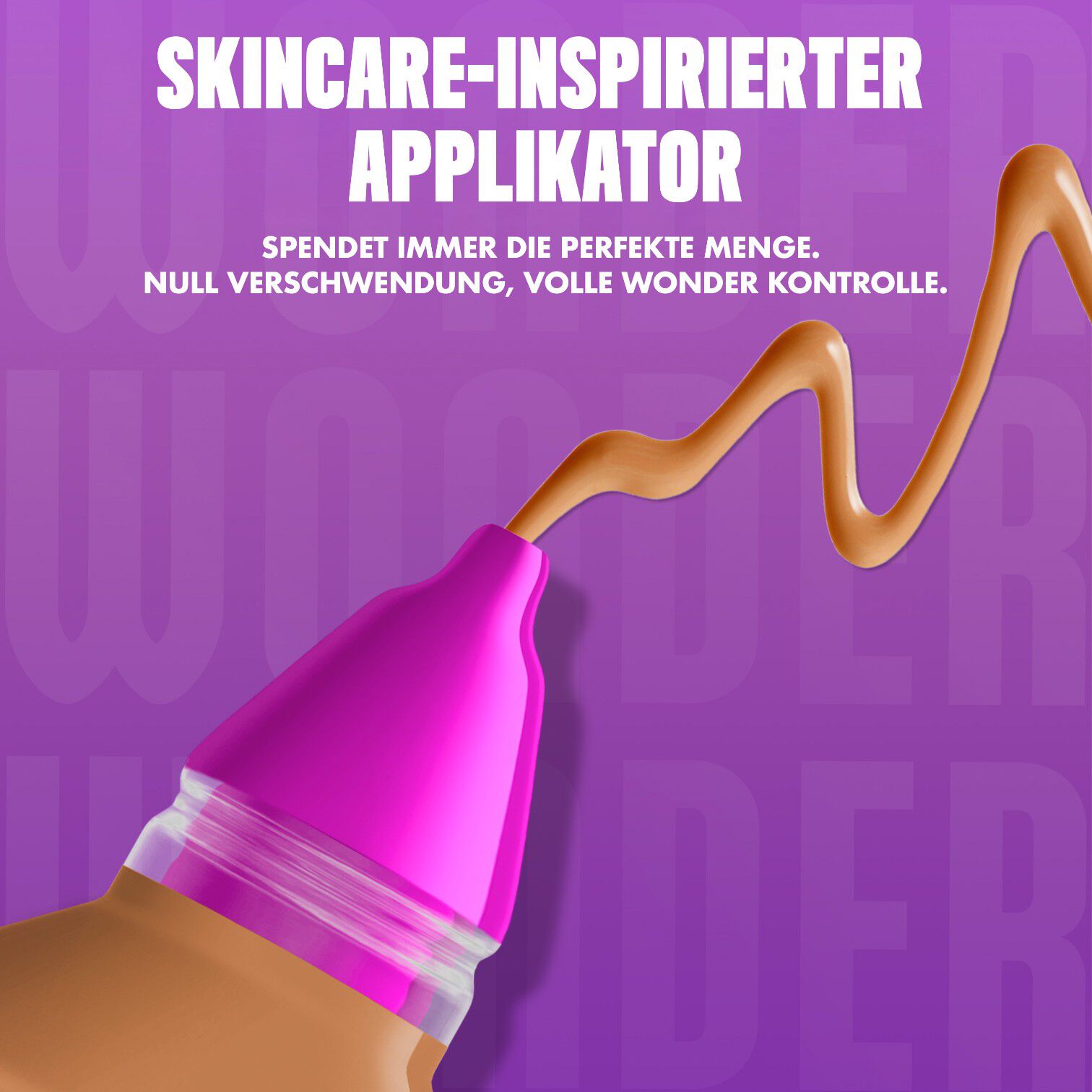 Nahaufnahme des Make 'Em Wonder Foundation-Applikators beworben mit einer prazisen Produkt-Dosis