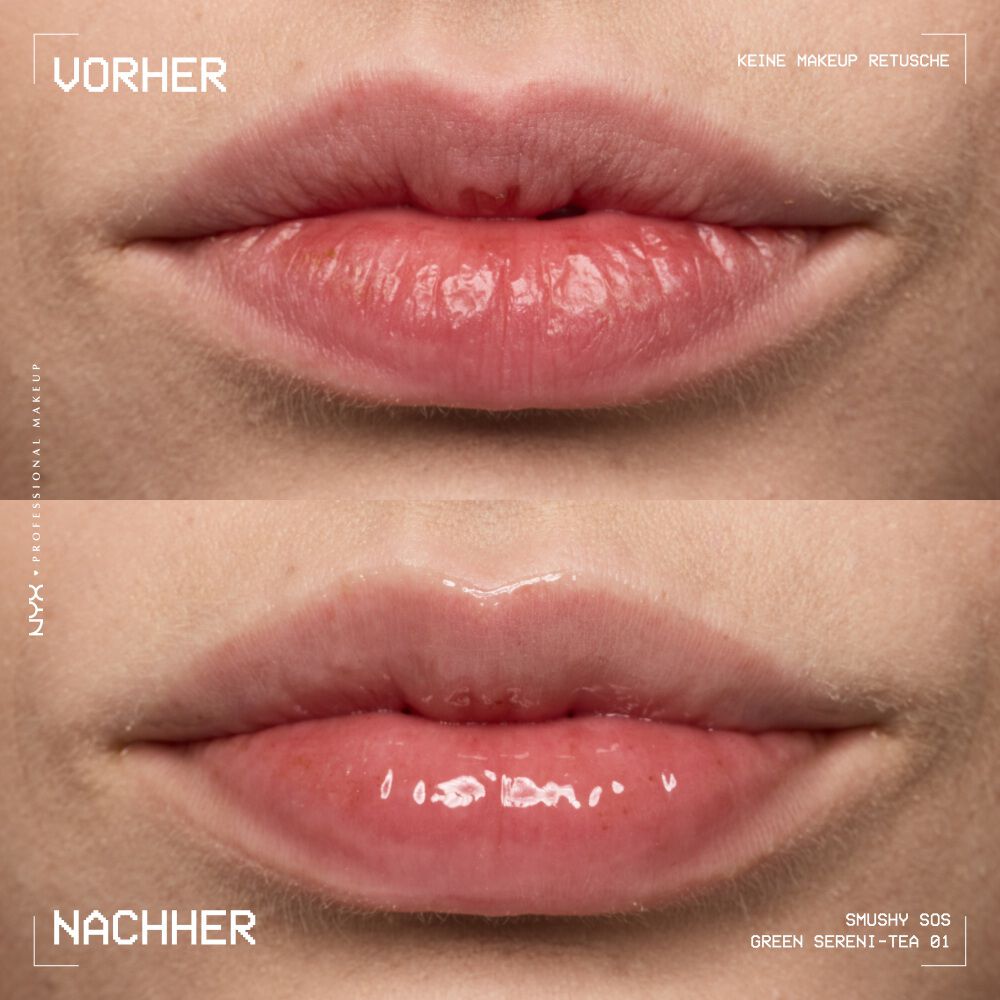 Vorher-Nachher-Vergleich der Lippen mit dem NYX Smushy SOS Lippenbalm.