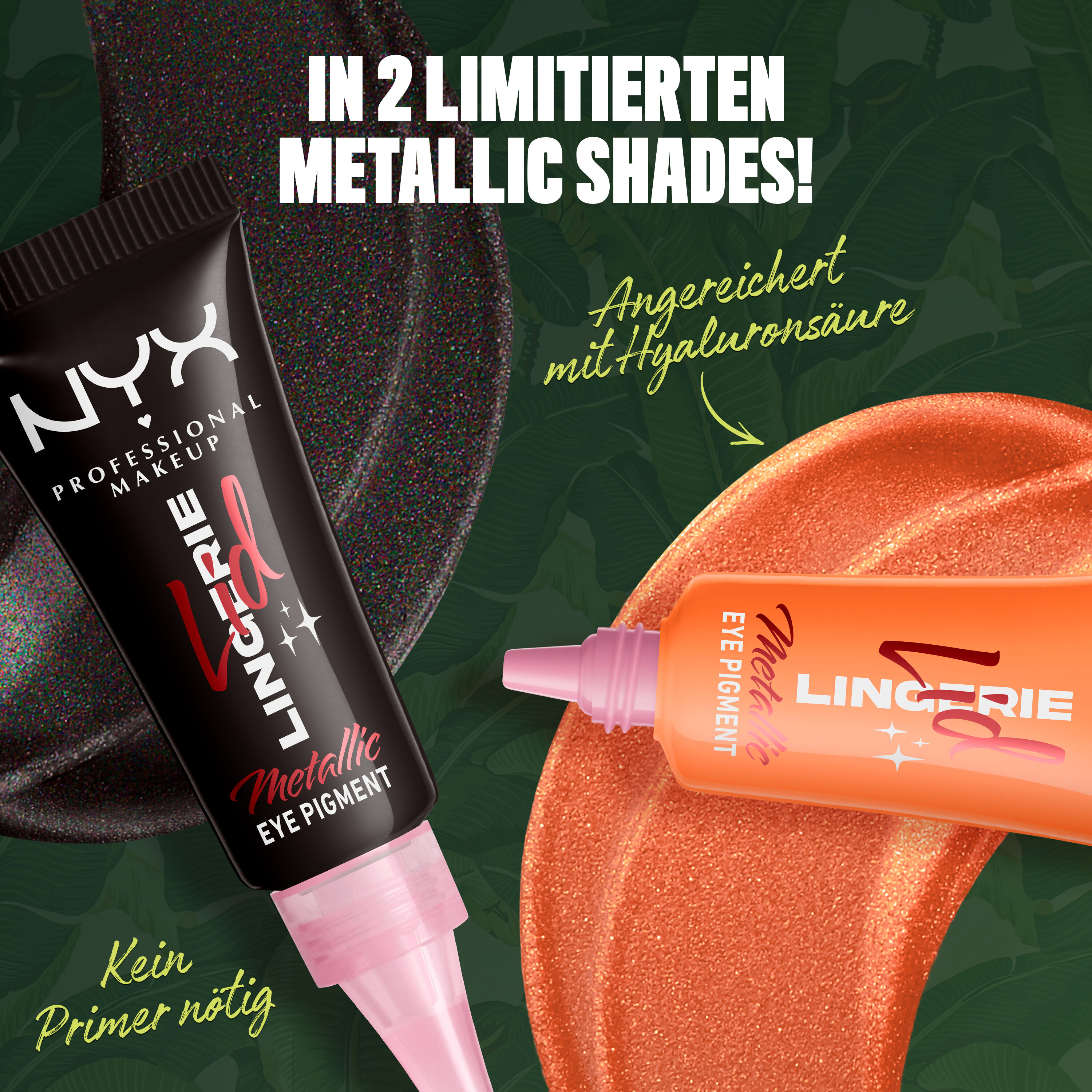 NYX Professional Makeup Party Animals Lid Lingerie Cream Eye Pigments in zwei limitierten Metallic-Nuancen: Gothic Garter und Pumpkin Vice.