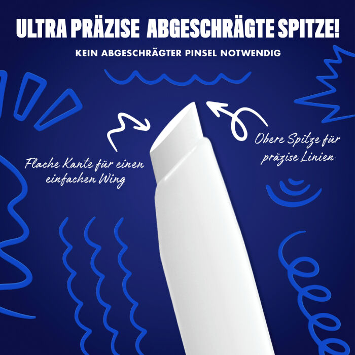 Das Bild zeigt eine Nahaufnahme der abgeschragten Spitze eines Eyeliners vor einem dunkelblauen Hintergrund. Auf dem Bild sind verschiedene Texte und Illustrationen zu sehen.