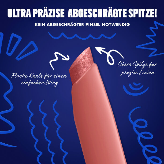 Das Bild zeigt eine Nahaufnahme der abgeschragten Spitze eines Eyeliners vor einem dunkelblauen Hintergrund. Auf dem Bild sind verschiedene Texte und Illustrationen zu sehen.