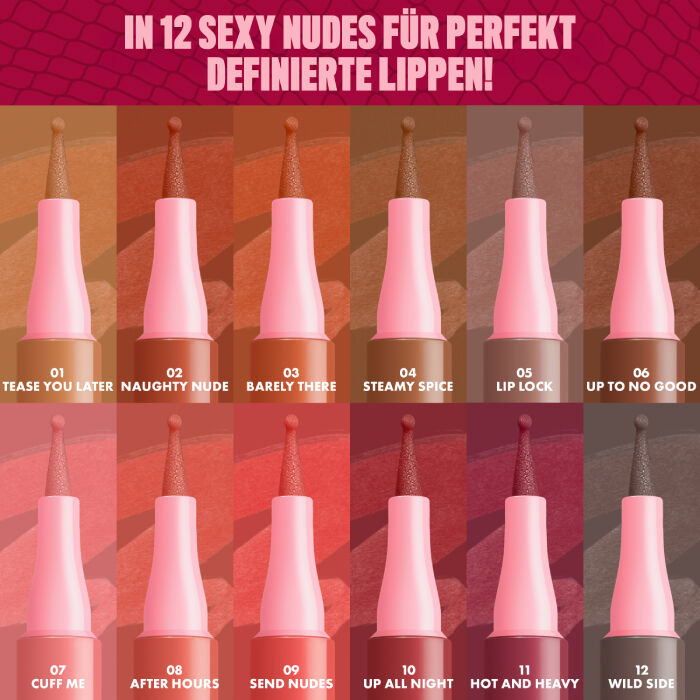 Das Bild prasentiert eine Farbpalette von zwolf Lippenprodukten, die jeweils eine pinkfarbene Kappe und einen dazu passenden Applikator mit einer kleinen Kugelspitze zeigen. 