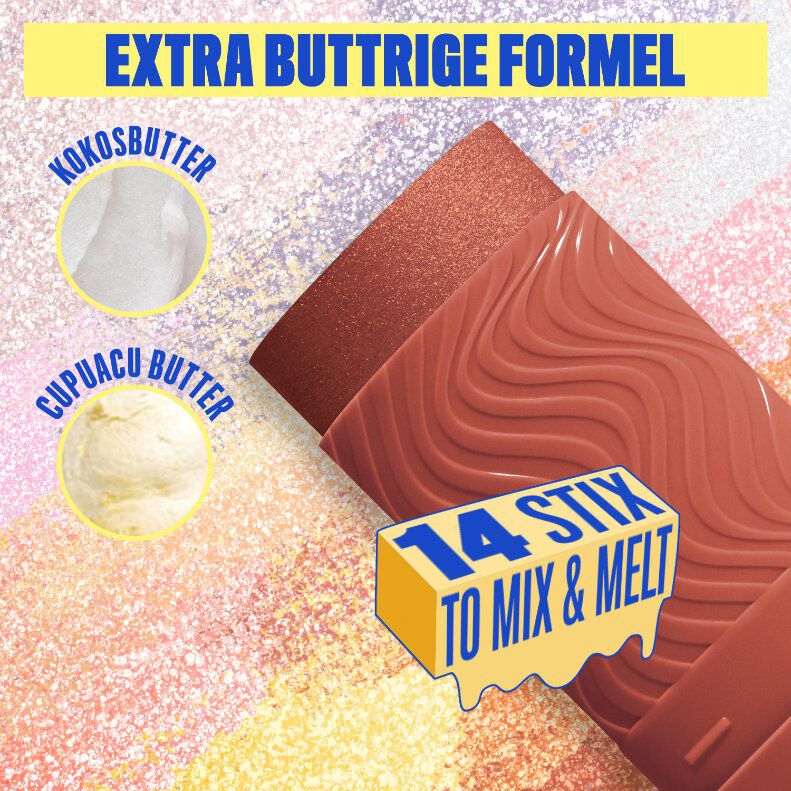 Ein farbenfrohes und glitzerndes Werbebild, das die Hauptbestandteile und Eigenschaften der "Buttermelt Stix" von NYX Professional Makeup hervorhebt. Der Hintergrund ist eine Mischung aus schimmernden Pink-, Lila- und Goldtonen.