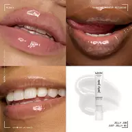 4-teiliges Collage-Bild mit 3 glanzenden Lippen in verschiedenen Hauttonen und dem Jelly Job Lipgloss von NYX Professional Makeup