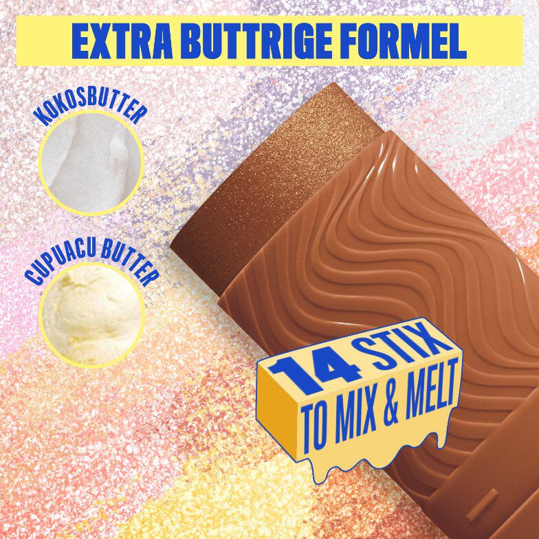 Ein farbenfrohes und glitzerndes Werbebild, das die Hauptbestandteile und Eigenschaften der "Buttermelt Stix" von NYX Professional Makeup hervorhebt. Der Hintergrund ist eine Mischung aus schimmernden Pink-, Lila- und Goldtonen.