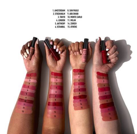 Vier Unterarme mit vier unterschiedlichen Hauttonen liegen nebeneinander und prasentieren die Farbnuancen der Soft Matte Lipcream von NYX Professional Makeup