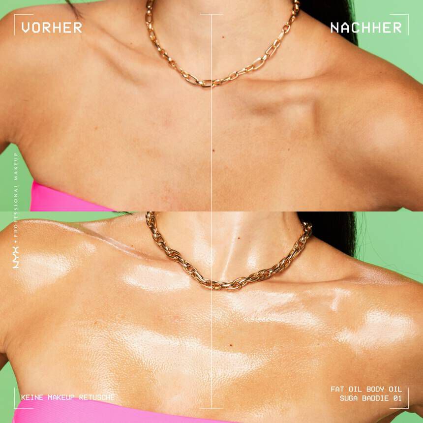 Ein Vorher-Nachher-Vergleich im Bereich des Schlusselbeins demonstriert das strahlende Ergebnis des Body Oils.