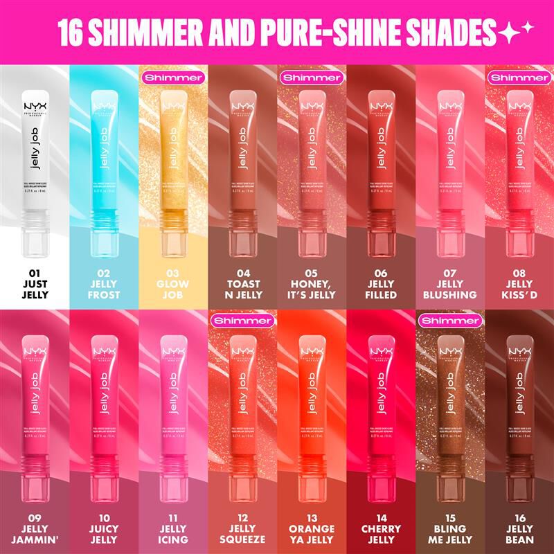 Ein Produktubersichtsbild zeigt alle 16 Farbtone des NYX Professional Makeup "Jelly Job" Lip Glosses. 