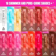 Ein Produktubersichtsbild zeigt alle 16 Farbtone des NYX Professional Makeup "Jelly Job" Lip Glosses. 