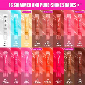 Produktubersicht mit allen 16 Farbtonen des NYX Professional Makeup „Jelly Job“ Lipglosses