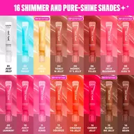 Produktubersicht mit allen 16 Farbtonen des NYX Professional Makeup „Jelly Job“ Lipglosses