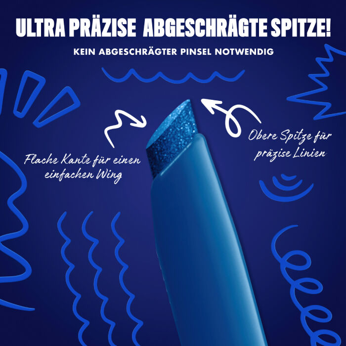 Das Bild zeigt eine Nahaufnahme der abgeschragten Spitze eines Eyeliners vor einem dunkelblauen Hintergrund. Auf dem Bild sind verschiedene Texte und Illustrationen zu sehen.