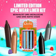 Zeigt die Verpackung des NYX Professional Makeup Holiday Epic Wear Liner Stick Kit. Der Text besagt: „MIT DREI METALLIC- UND EINER MATTEN FARBE“. Die vier Eyeliner-Stifte (schwarz, silber, gold und braun) sind um das Kit herum angeordnet.