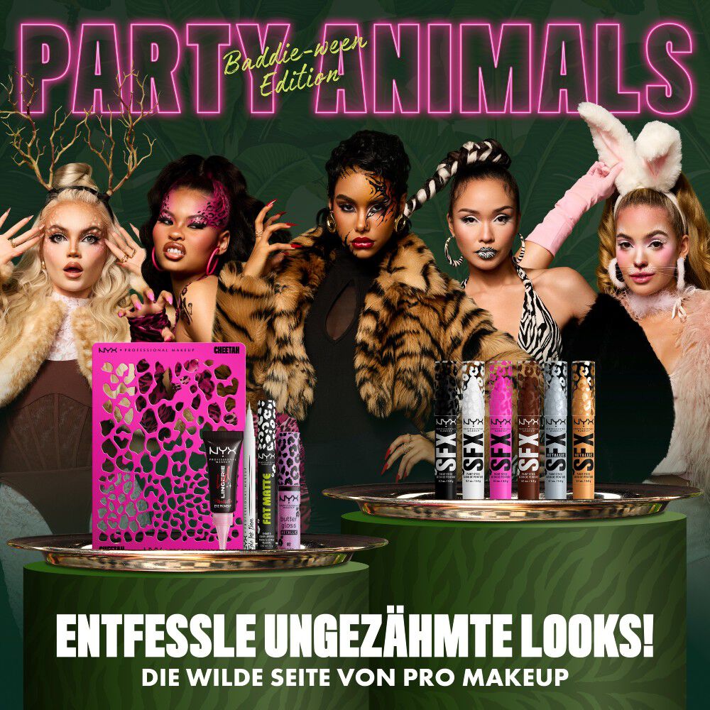 NYX Professional Makeup Party Animals Kollektion, prasentiert mit Models in tierinspiriertem Make-up neben den Produkten der limitierten Kollektion.