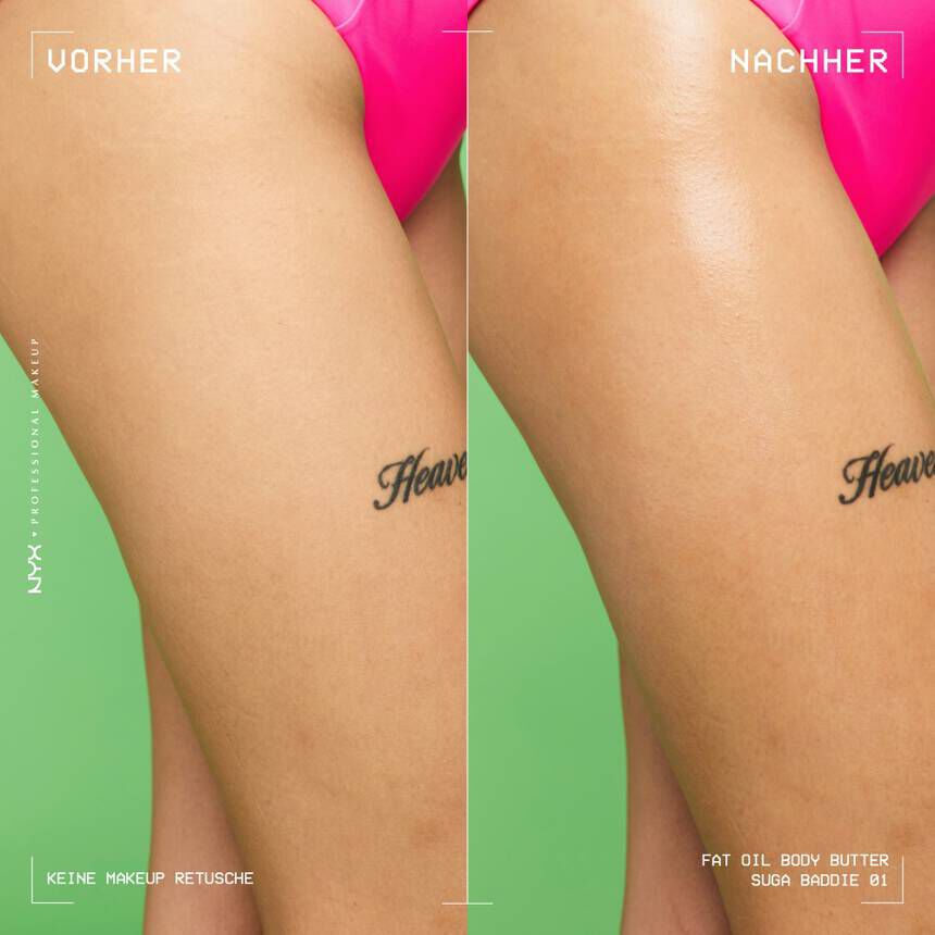 Ein Vorher-Nachher-Vergleich zeigt den intensiven Glanzeffekt der Fat Oil Body Butter auf den Beinen eines Models.