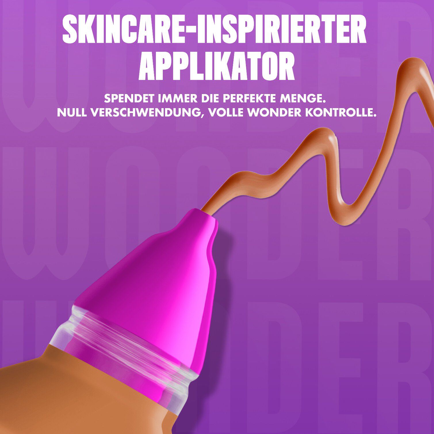 Nahaufnahme des Make 'Em Wonder Foundation-Applikators beworben mit einer prazisen Produkt-Dosis