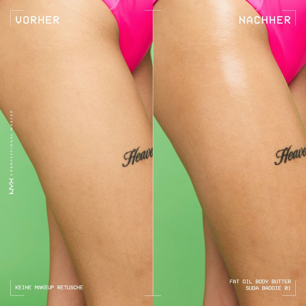 Ein Vorher-Nachher-Vergleich zeigt den intensiven Glanzeffekt der Fat Oil Body Butter auf den Beinen eines Models.