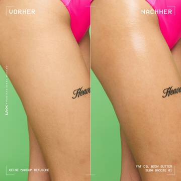 Ein Vorher-Nachher-Vergleich zeigt den intensiven Glanzeffekt der Fat Oil Body Butter auf den Beinen eines Models.