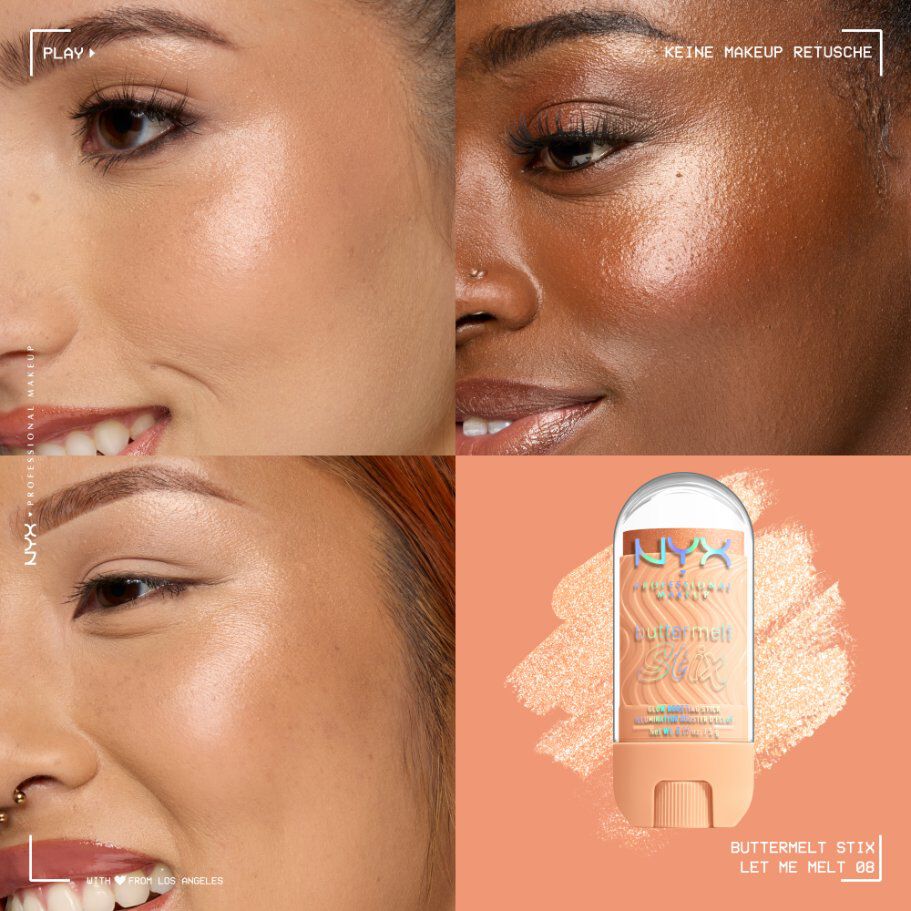 Ein vierteiliges Collage-Bild, das die Naturlichkeit und den Glanz der NYX Professional Makeup Buttermelt Stix hervorhebt.