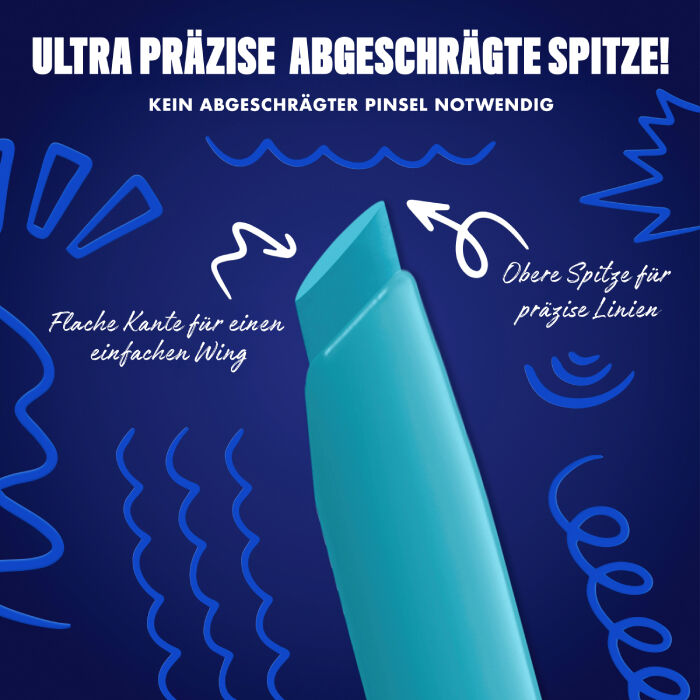 Das Bild zeigt eine Nahaufnahme der abgeschragten Spitze eines Eyeliners vor einem dunkelblauen Hintergrund. Auf dem Bild sind verschiedene Texte und Illustrationen zu sehen.