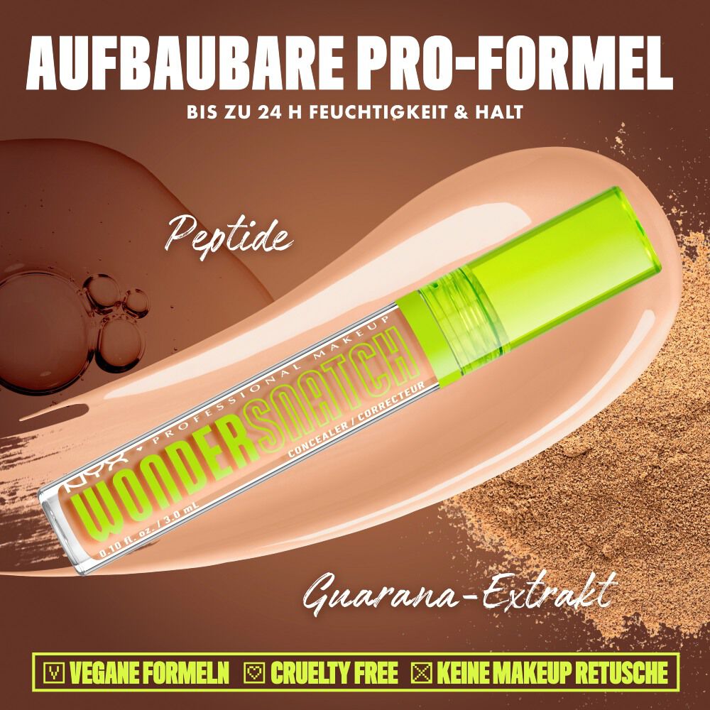 Produktgrafik des NYX Wonder Snatch™ Concealers, die die aufbaubare Formel mit Peptiden und Guarana-Extrakt fur bis zu 24 Stunden Feuchtigkeit und Halt prasentiert.