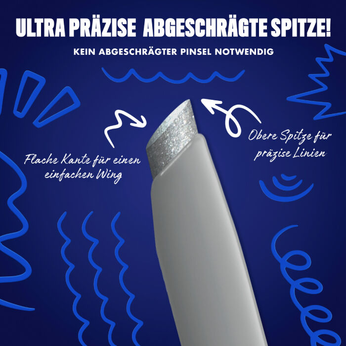 Das Bild zeigt eine Nahaufnahme der abgeschragten Spitze eines Eyeliners vor einem dunkelblauen Hintergrund. Auf dem Bild sind verschiedene Texte und Illustrationen zu sehen.