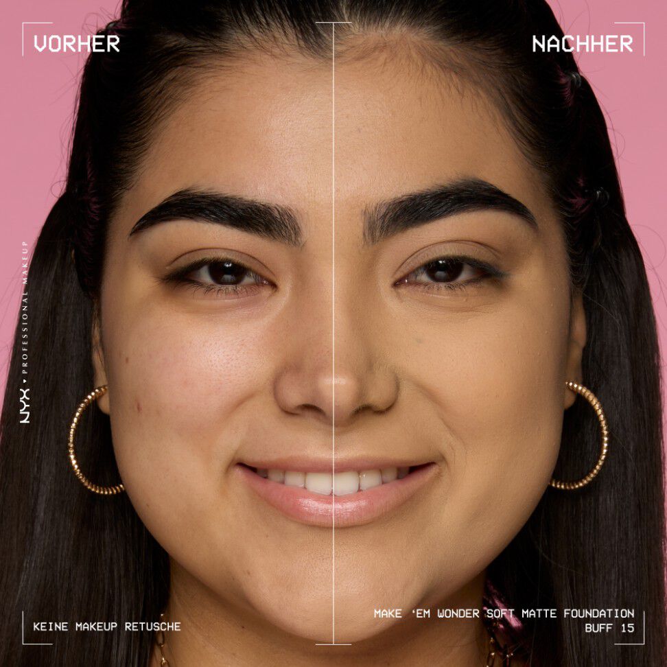 Vorher-Nachher-Bild vom Gesicht einer lachelnden Person mit und ohne Make 'Em Wonder Foundation