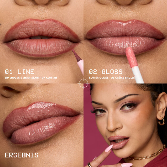 Das Bild ist eine vierteilige Collage, die einen Schritt-fur-Schritt-Prozess zur Anwendung von Lippenprodukten und das Endergebnis zeigt.