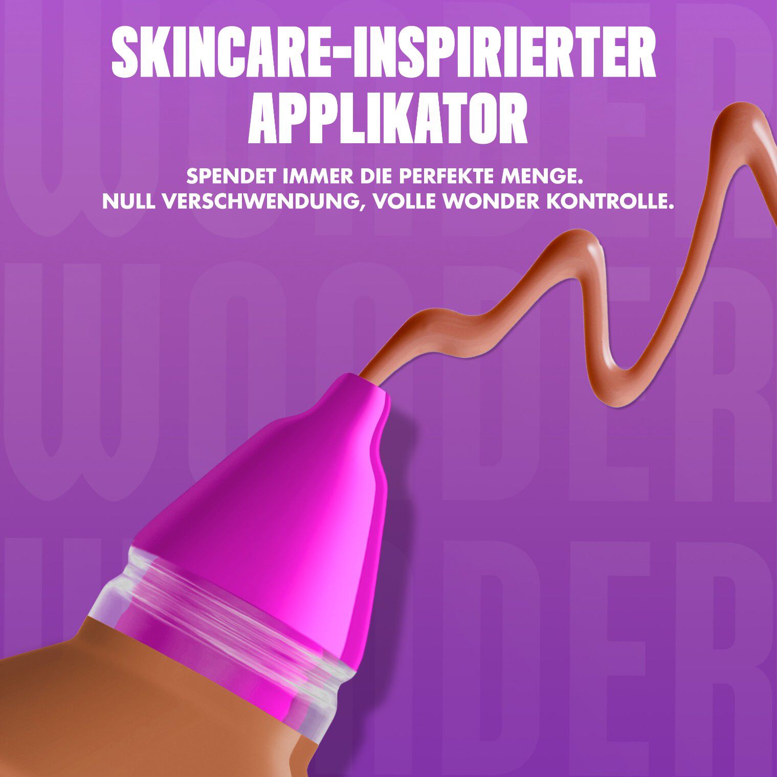 Nahaufnahme des Make 'Em Wonder Foundation-Applikators beworben mit einer prazisen Produkt-Dosis