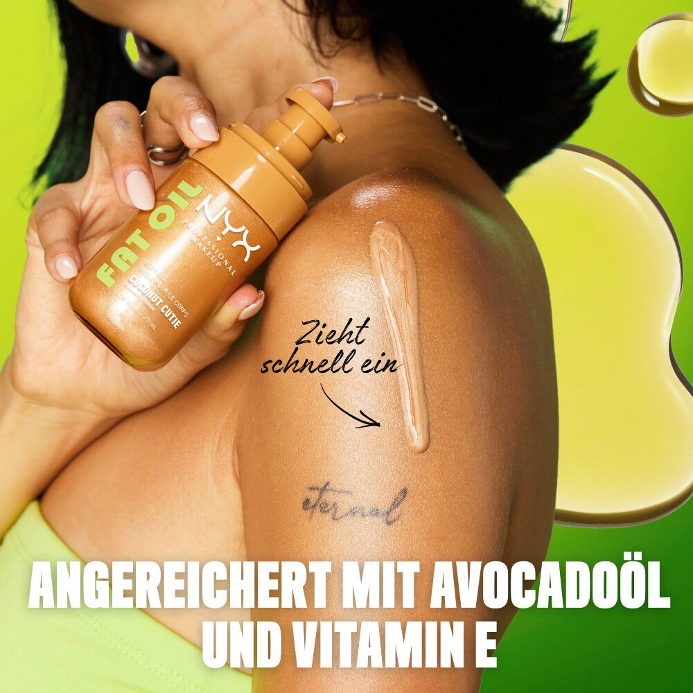 Ein Model tragt das schnell einziehende, mit Avocadool und Vitamin E angereicherte Korperol auf die Schulter auf.