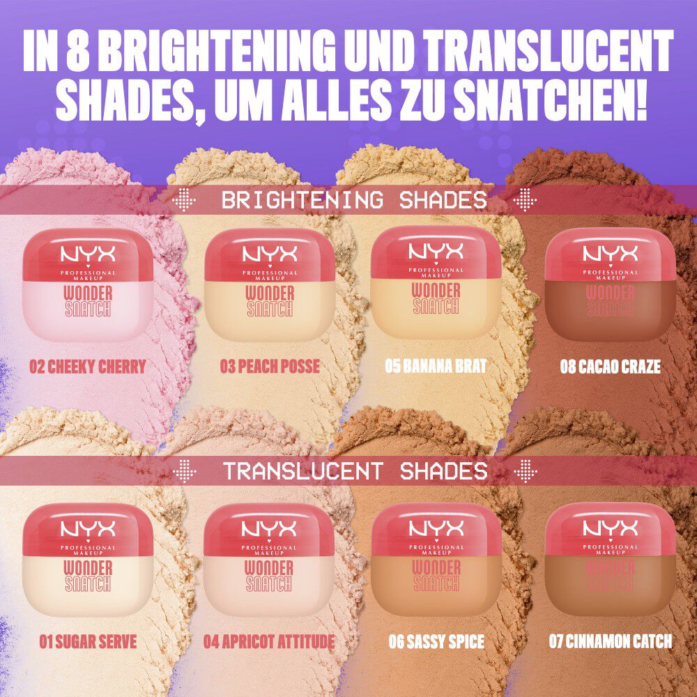 Produktubersicht der 8 Farbtone des Wonder Snatch Lifting Setting Powder Fixierpuder von NYX Professional Makeup