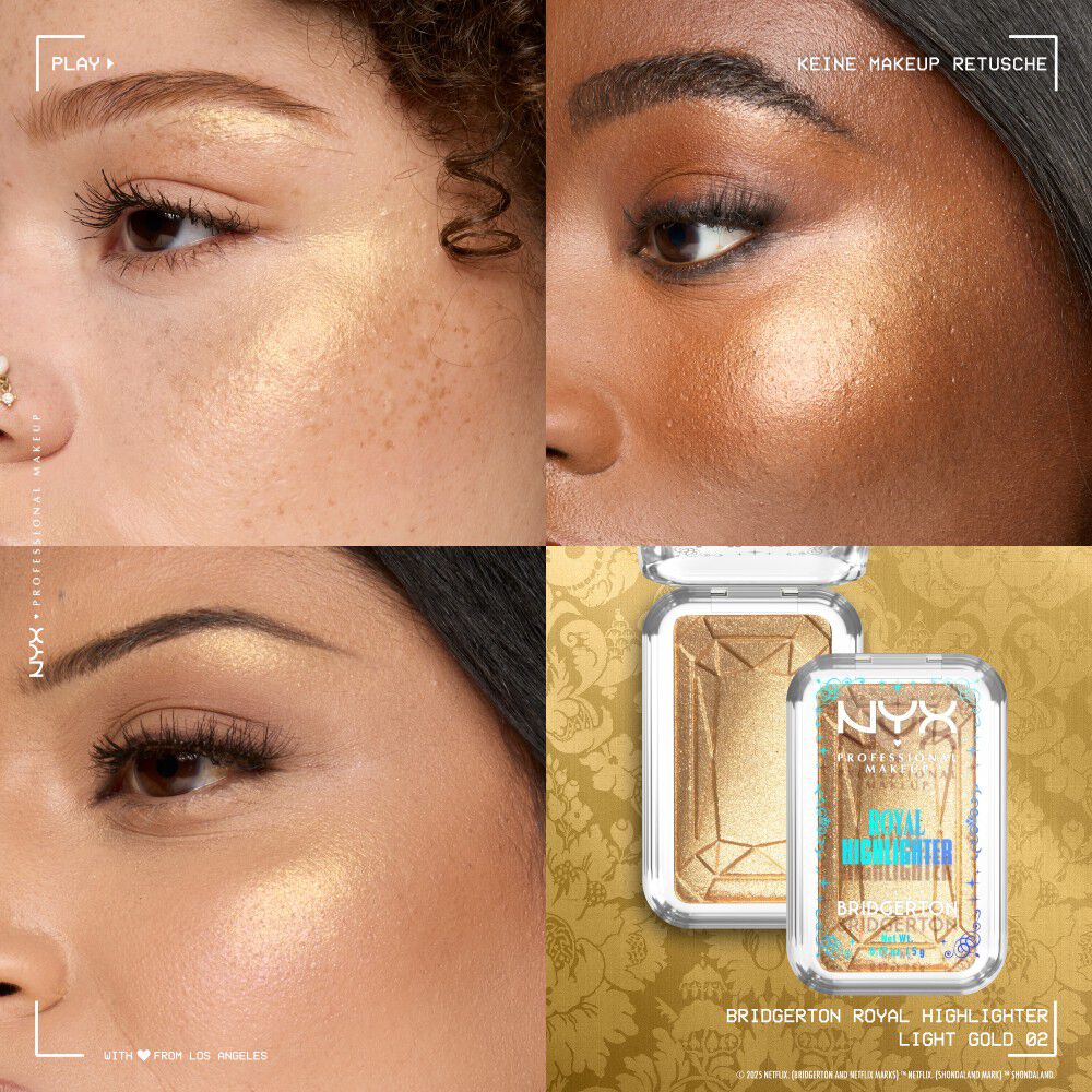 Vier Nahaufnahmen von Models zeigen den NYX Bridgerton Royal Highlighter auf ihren Wangenknochen, Schimmer zu sehen auf verschiedenen Hauttonen. Inklusive kleiner Abbildung des geoffneten Kompakts in der Shade 02 Light Gold 