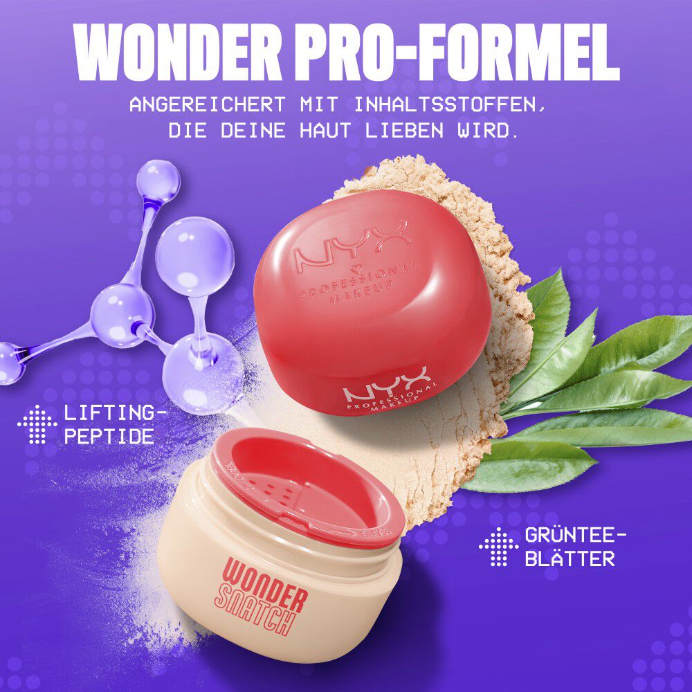Offenes Wonder Snatch Lifting Setting Powder neben Inhaltsstoffen der Wonder Pro-Formel mit straffenden Peptiden und grunem Tee