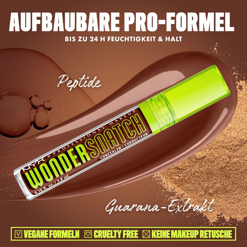 Produktgrafik des NYX Wonder Snatch™ Concealers, die die aufbaubare Formel mit Peptiden und Guarana-Extrakt fur bis zu 24 Stunden Feuchtigkeit und Halt prasentiert.
