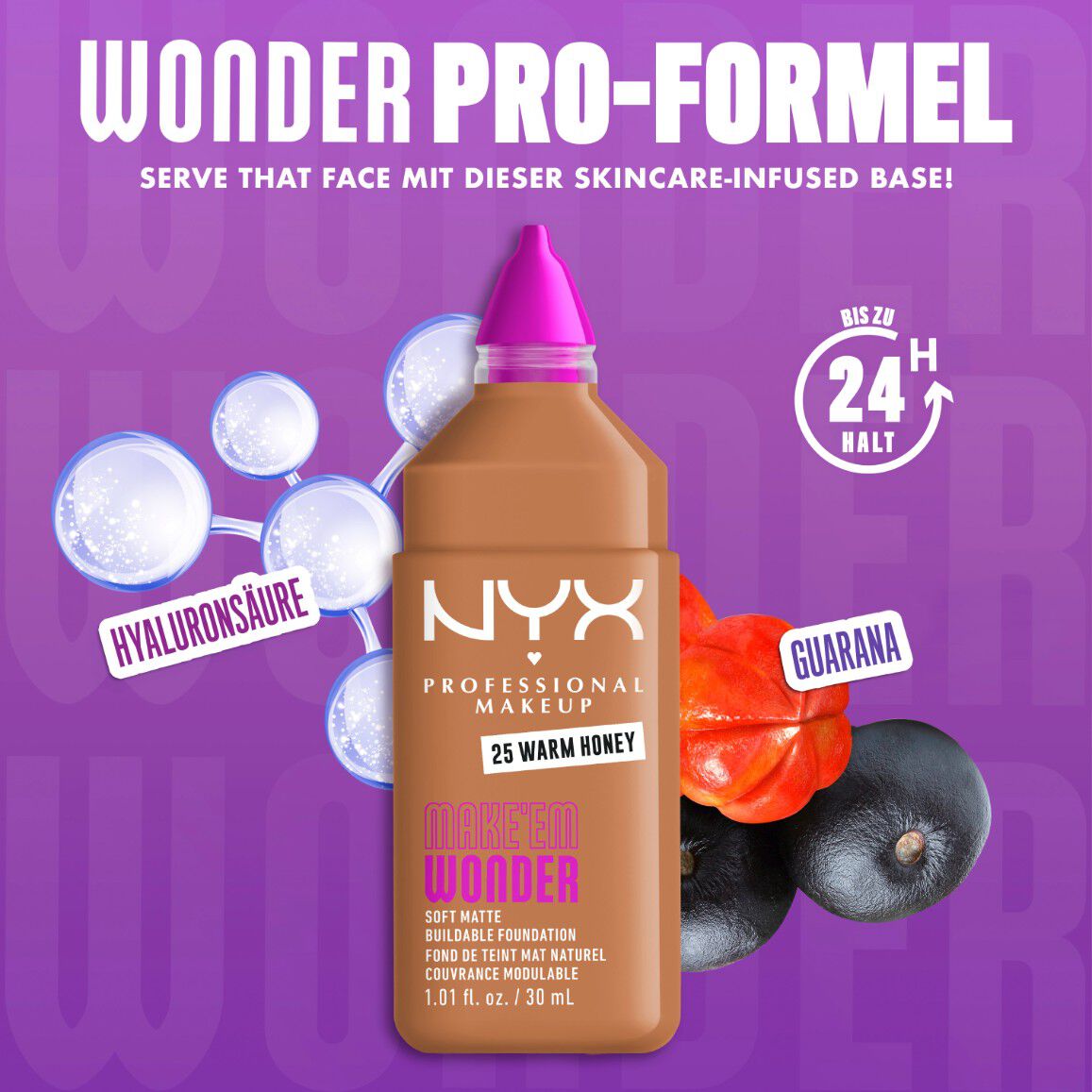 Make 'Em Wonder Foundation neben ihren Inhaltsstoffen Hyaluronsaure und Guarana-Extrakt
