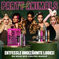 NYX Professional Makeup Party Animals Kollektion, prasentiert mit Models in tierinspiriertem Make-up neben den Produkten der limitierten Kollektion.