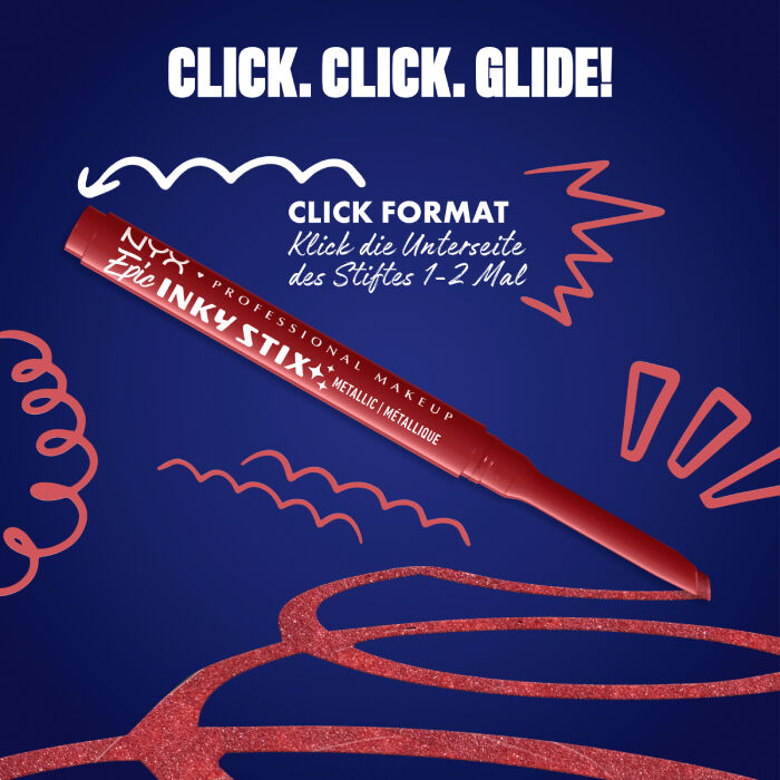 Das Bild zeigt einen Eyeliner-Stift von NYX Professional Makeup, diagonal auf einem dunkelblauen Hintergrund platziert. Oben steht in großen weißen Buchstaben "CLICK. CLICK. GLIDE!".