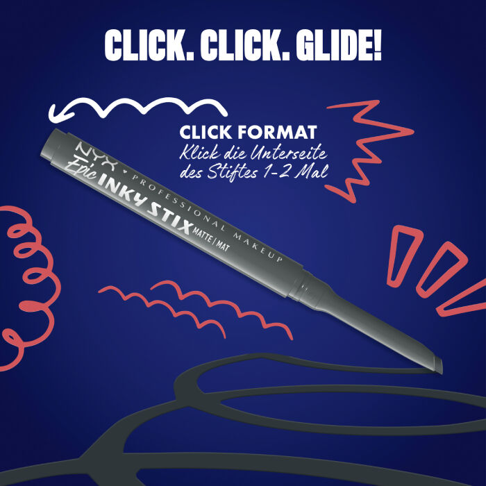 Das Bild zeigt einen Eyeliner-Stift von NYX Professional Makeup, diagonal auf einem dunkelblauen Hintergrund platziert. Oben steht in großen weißen Buchstaben "CLICK. CLICK. GLIDE!".