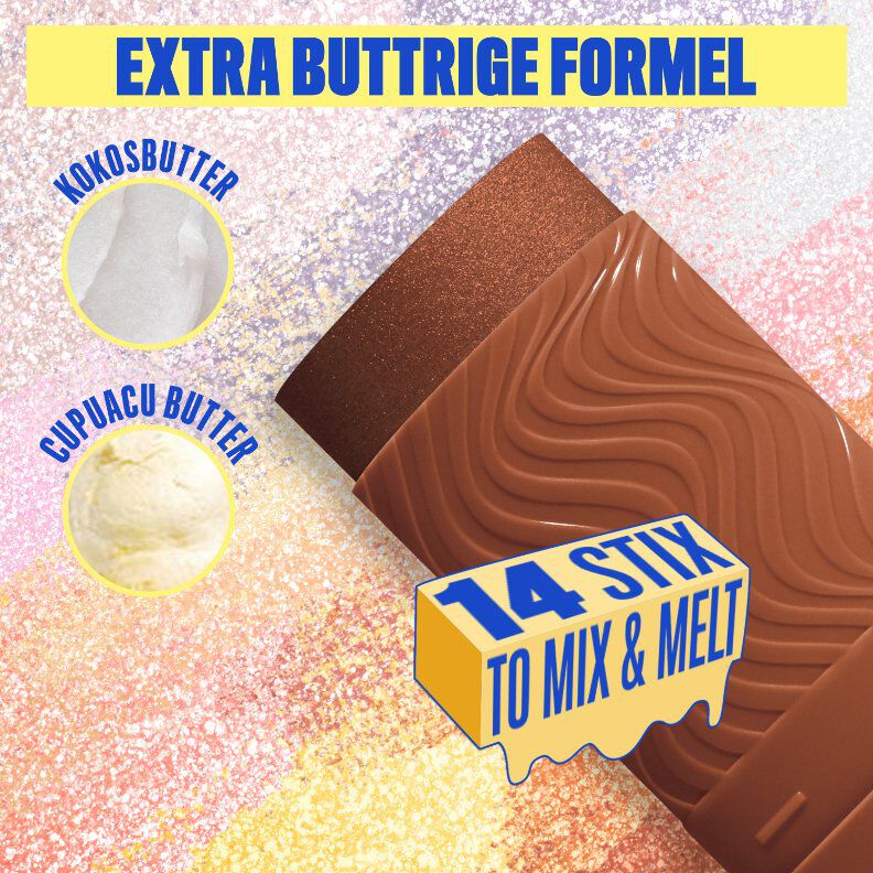 Ein farbenfrohes und glitzerndes Werbebild, das die Hauptbestandteile und Eigenschaften der "Buttermelt Stix" von NYX Professional Makeup hervorhebt. Der Hintergrund ist eine Mischung aus schimmernden Pink-, Lila- und Goldtonen.