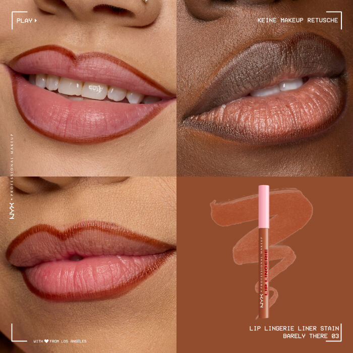 Das Bild ist eine vierteilige Collage, die Lippen-Make-up auf verschiedenen Hauttonen zeigt und ein Produkt prasentiert.