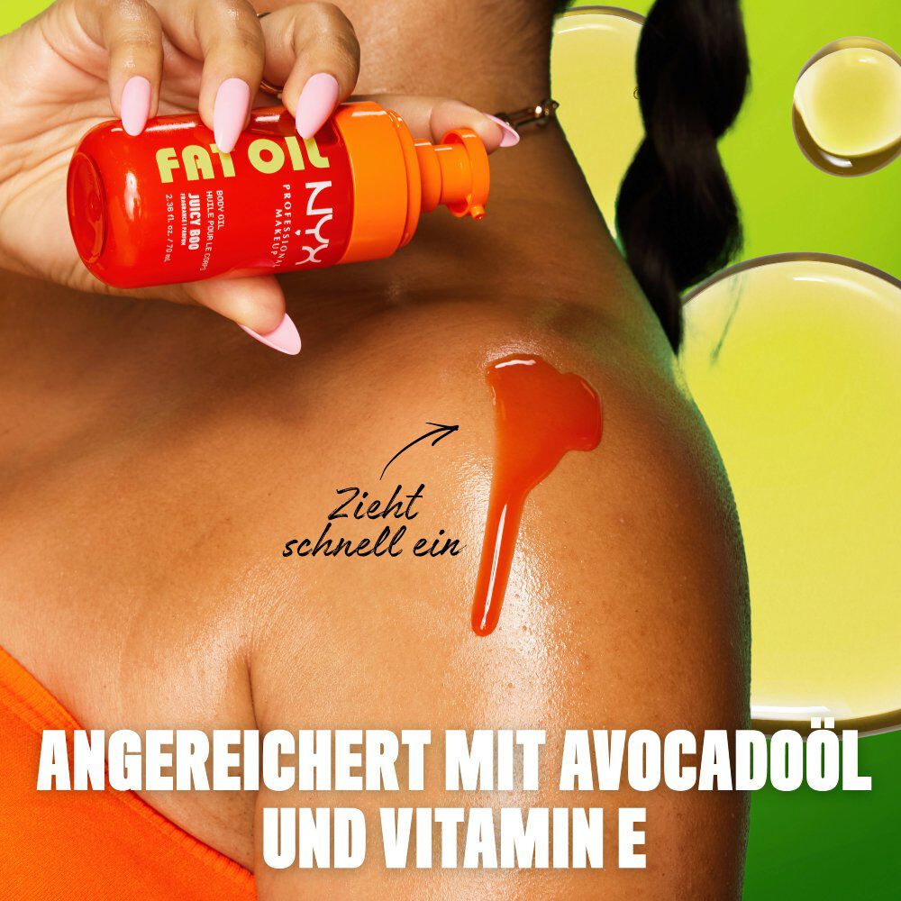 Ein Model tragt das schnell einziehende Juicy Boo Korperol auf, das laut Werbetext mit Avocadool und Vitamin E angereichert ist.