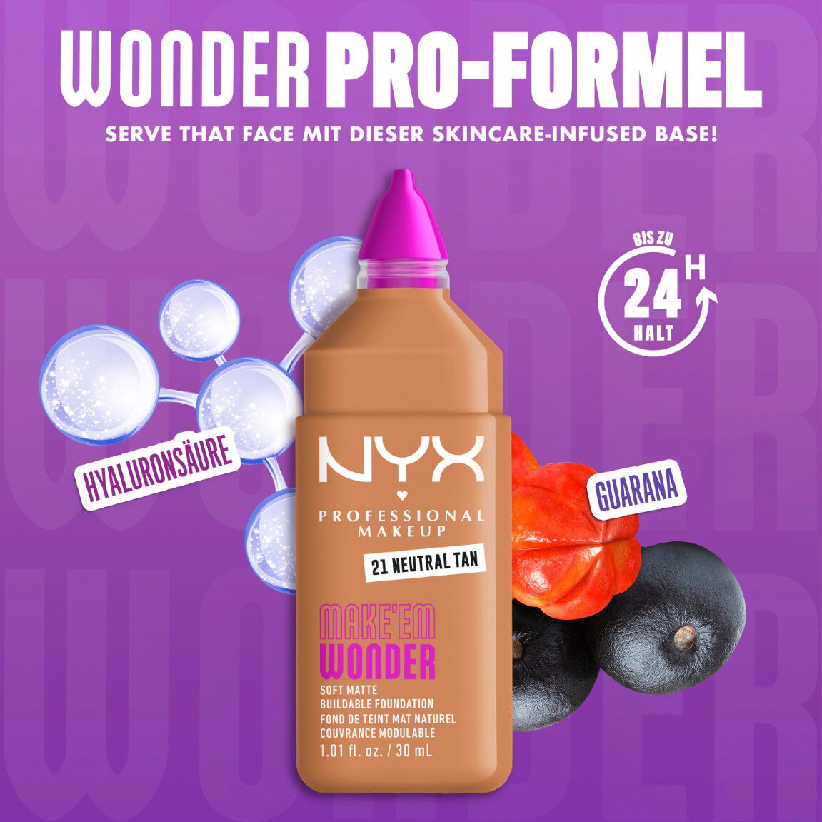 Make 'Em Wonder Foundation neben ihren Inhaltsstoffen Hyaluronsaure und Guarana-Extrakt