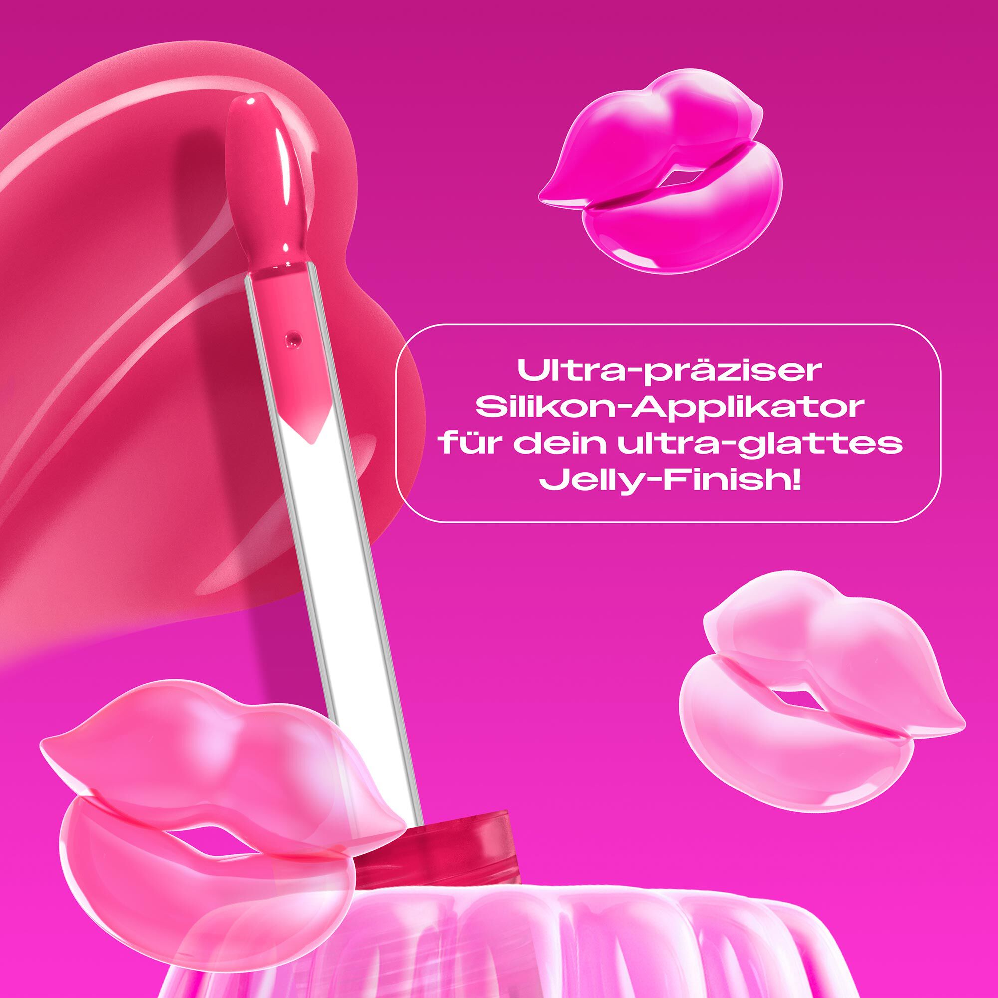 Das Bild zeigt eine Applikatorspitze aus Silikon, die in eine  viskose Textur taucht, die wie ein Swatch aufgetragen ist. Der Applikator ragt aus einer pinkfarbenen, gelatineartigen Masse oder Form heraus, die an Wackelpudding erinnert. Der gesamte Hintergrund ist ein leuchtendes Magenta.