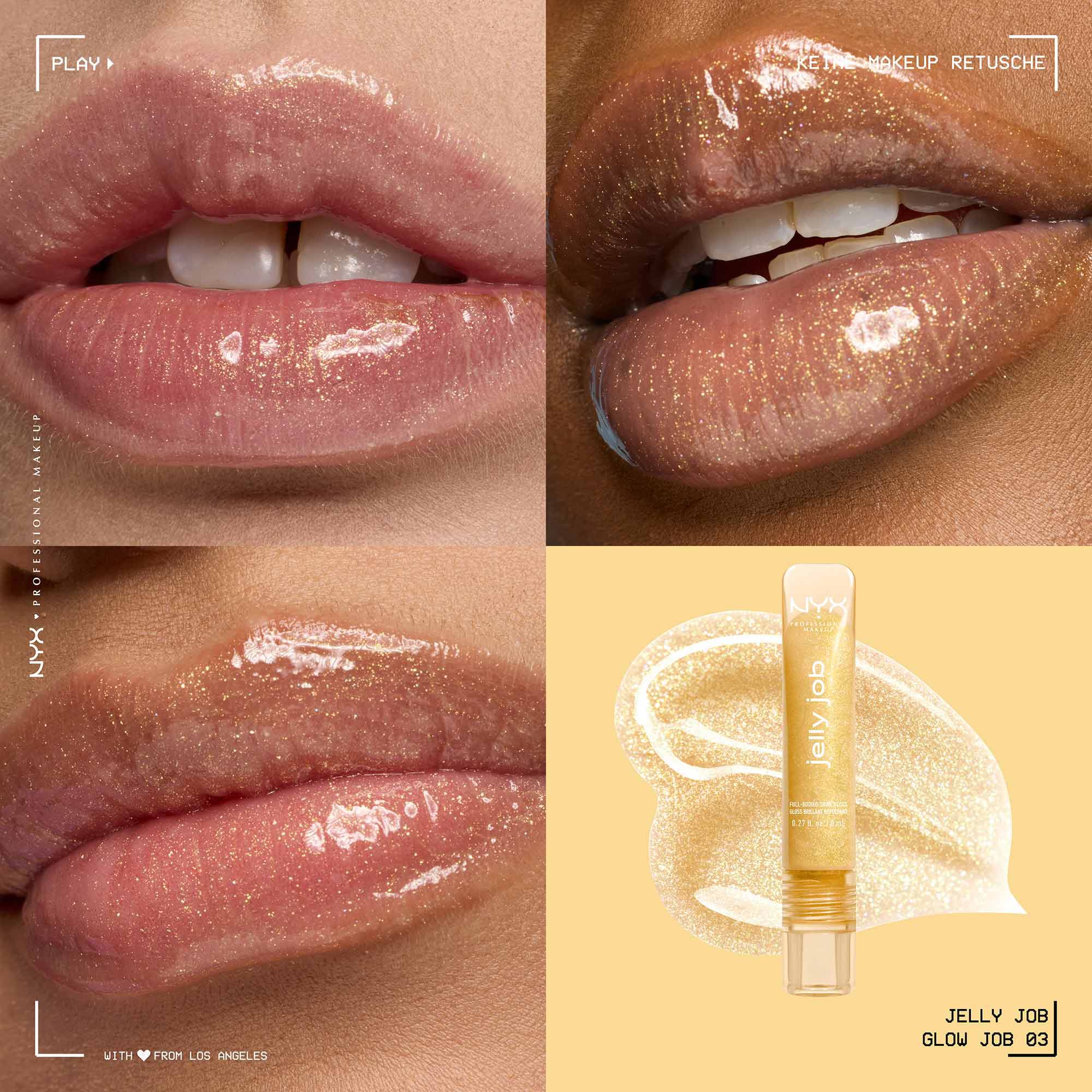 Ein Collage-Bild, das vier verschiedene Ansichten des NYX Professional Makeup "Jelly Job" Lipgloss zeigt.