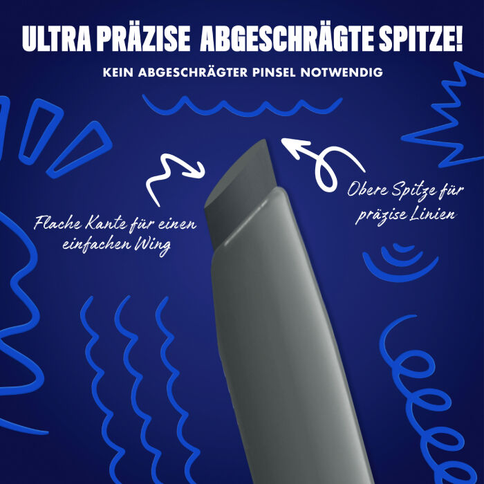 Das Bild zeigt eine Nahaufnahme der abgeschragten Spitze eines Eyeliners vor einem dunkelblauen Hintergrund. Auf dem Bild sind verschiedene Texte und Illustrationen zu sehen.
